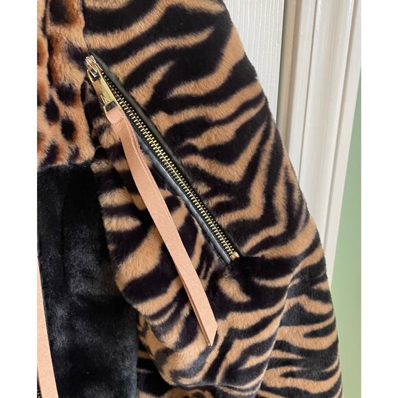 Nikki Jones Multi Print Faux Fur Jacket Balloon Sleeves Pockets Sz L Mob Wife - Picture 12 of 16